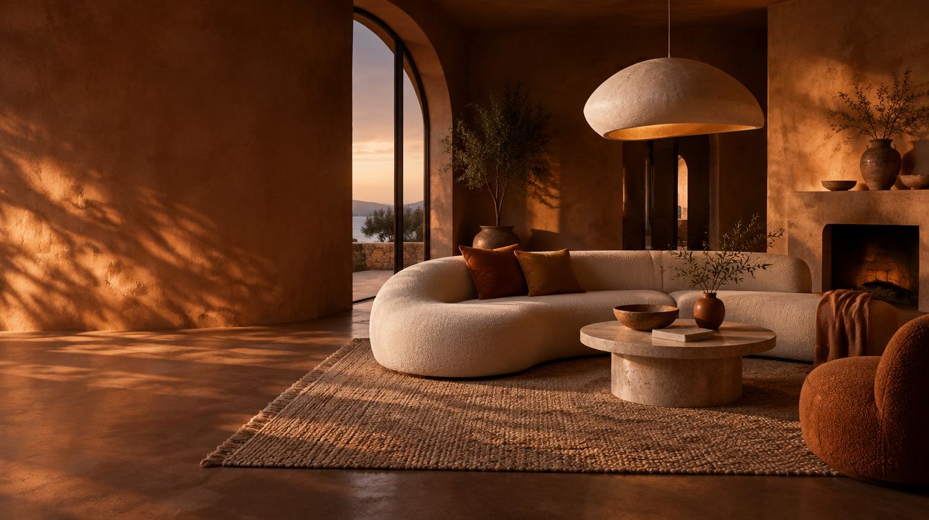 Salón mediterráneo con sofá curvo de bouclé y mesa de travertino