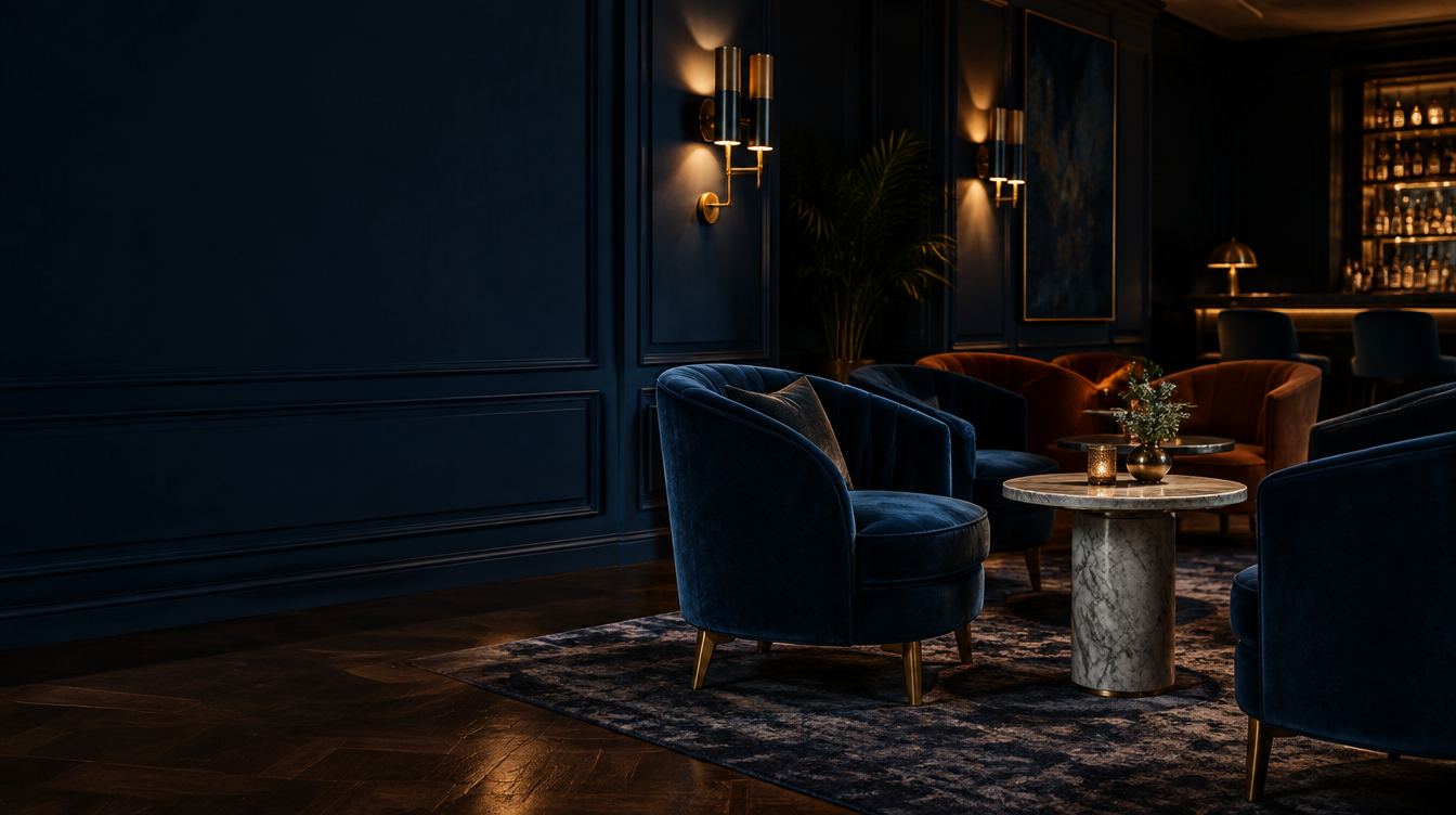 Lounge de hotel con butacas de terciopelo azul y mesas de mármol