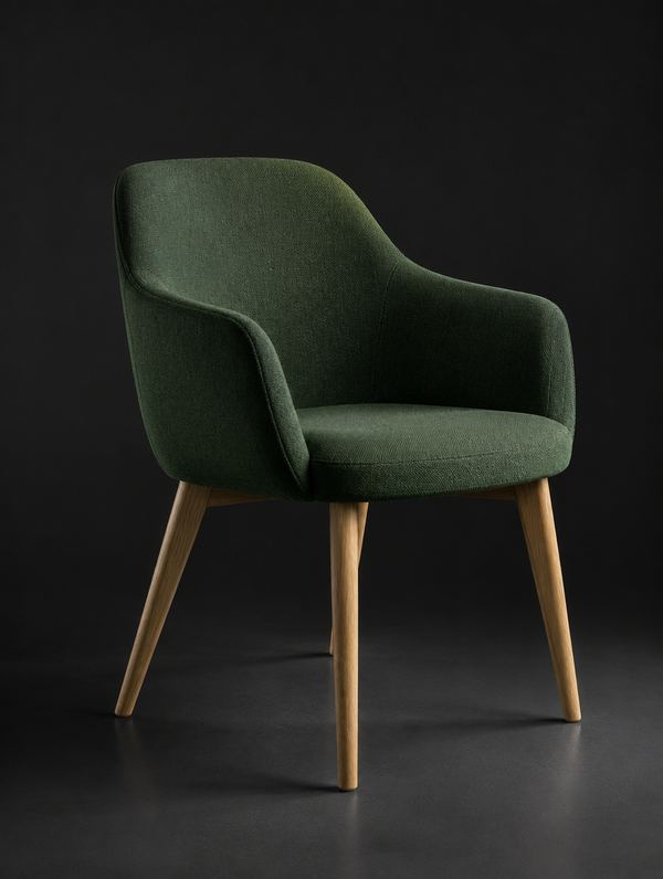 Silla tapizada en verde con patas de roble