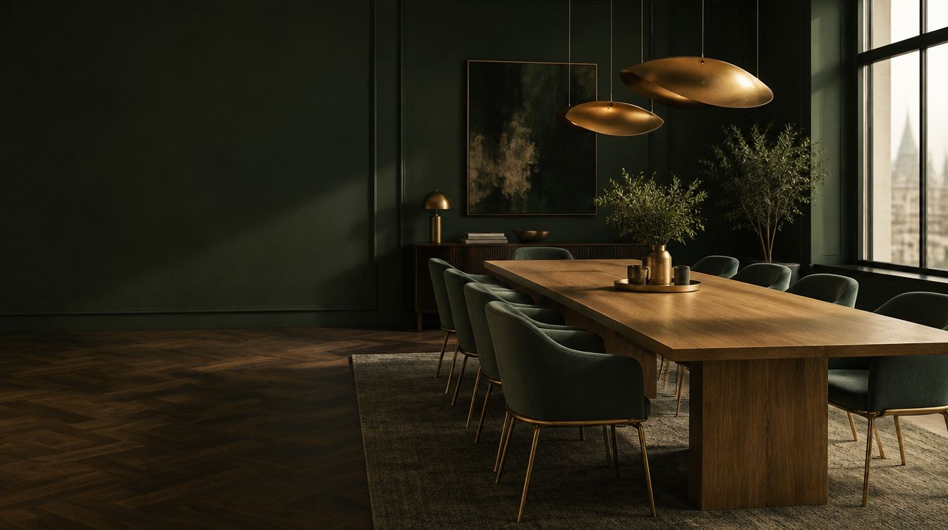 Sala de reuniones con mesa de roble, sillas verdes y lámparas de latón